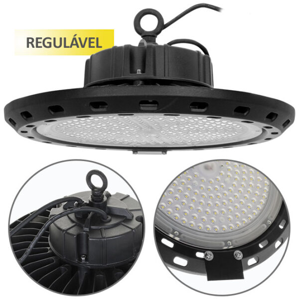 Campânula SUPERVISION luz regulável IP65 1x250W LED 25000lm 6400K 90° Alt.18,5xD.39cm Preto