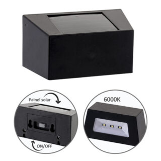 Aplique solar QUARTINO IPX4 1x0,21W LED 5lm 6000K C.10,2xL.5xAlt.5,1cm preto