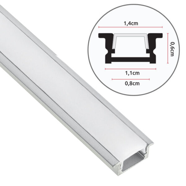 Calha com abas para fita LED branco com difusor opalino (para embutir) L.14x Alt.6,45mm