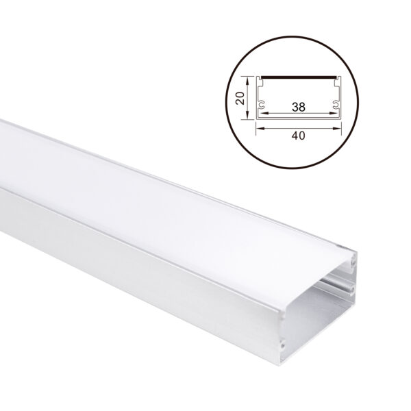 Calha sem abas para fita LED com difusor opalino L.40x Alt.20mm