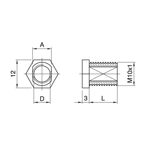 Tubo passa-cabos c/cabeça hexagonal e rosca M10x1 de 12mm antirrotação, resina termoplástica branca - Image 2