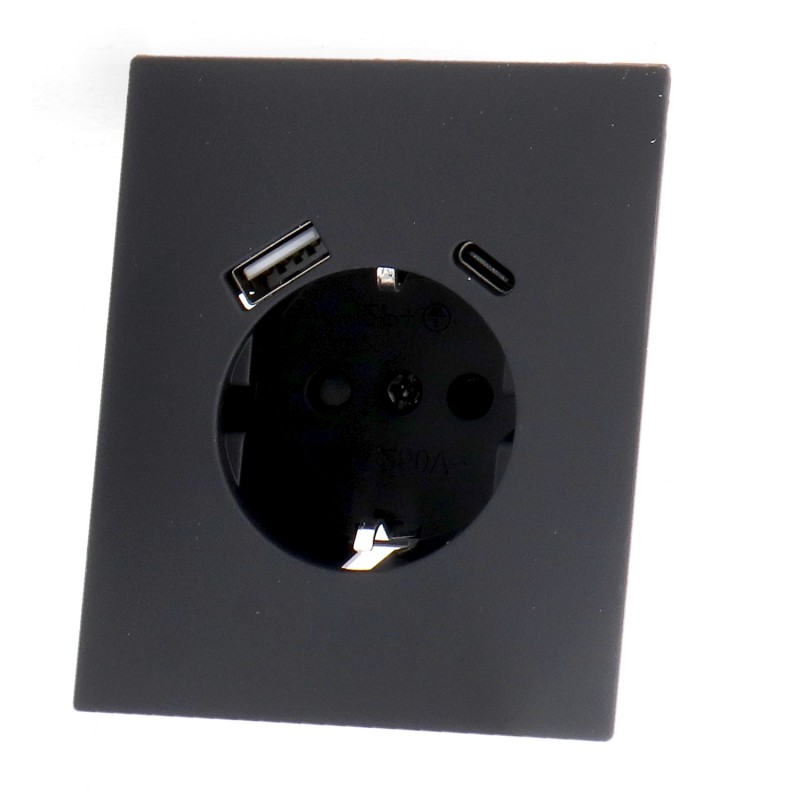 Enchufe Empotrable Tipo F Schuko con USB+CC - CC Preto